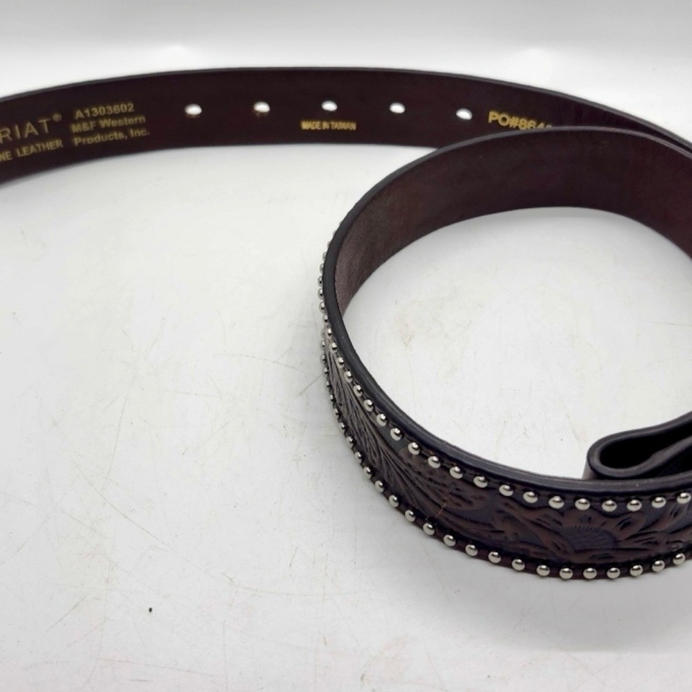 Ariat Dark Leather Tooled Studded Details Belt No Buckel NWOT Sz 28